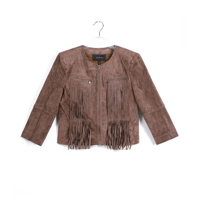 E753 Women Faux suede round neck fringed short jacket