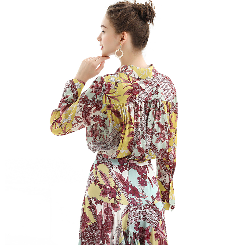T060 Women Floral print shirt collar long sleeves drawstring waist cropped blouse