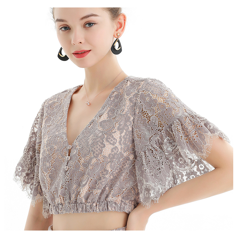 T064-2 Women floral lace V neck flutter sleeve elasticated hem cropped blouse