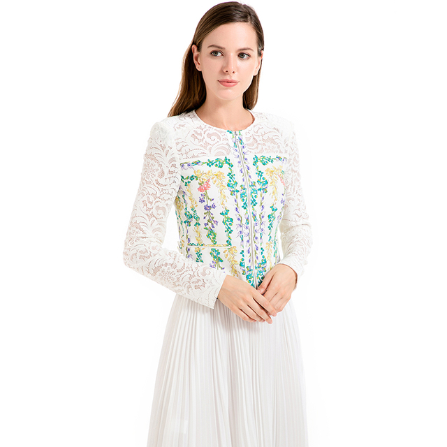 T148 Women All-over Lace floral print combo long sleeves back peplum blouse jacket
