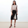 T228-1 Women Macramé lace multi stripes geometric pattern bell sleeves blouse