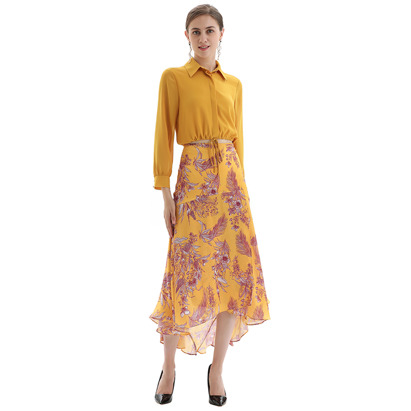 S070-1 Women Floral print wrap design panelled asymmetric casual midi skirt