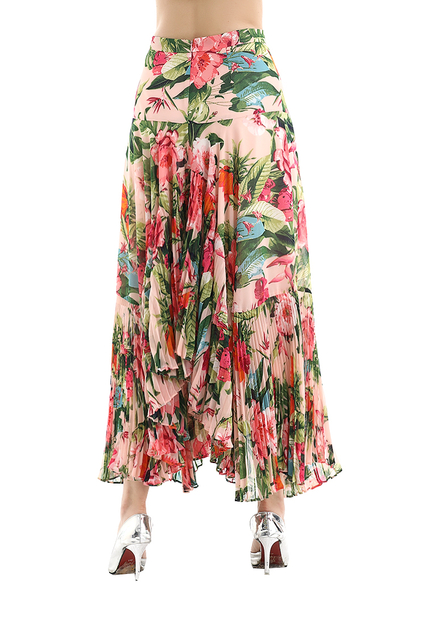 S069-2 Women Floral print panelled asymmetric pleated ruffle long flare skirt