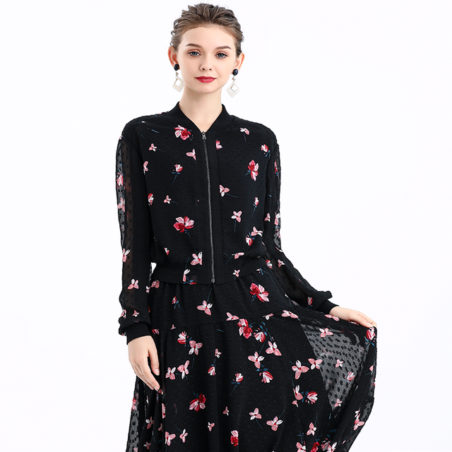 J093 Women Print clipped jacquard rib collar smart casual bomber jacket