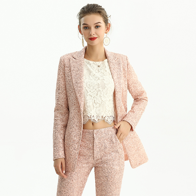 J180 Women Scattered sequin floral lace notched lapel tailored-cut evening blazer