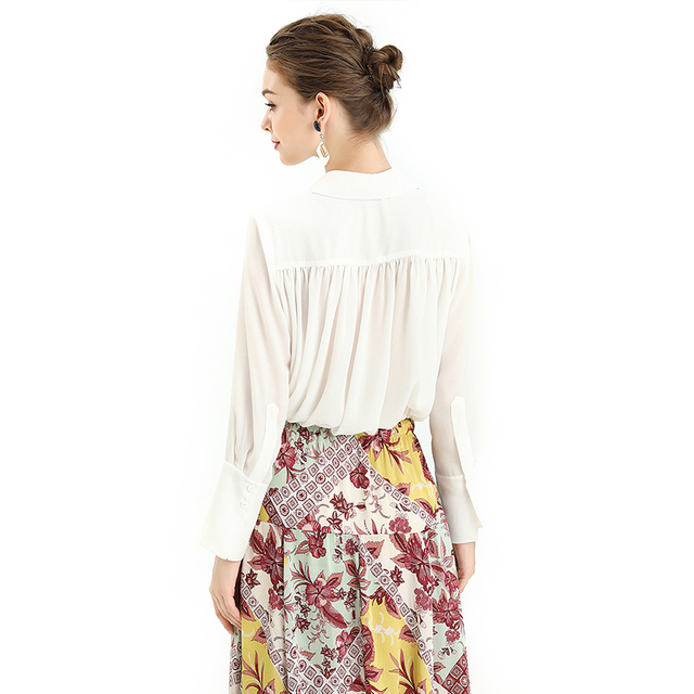 T104 Women Solid classic collar long sleeves drawstring waist cropped blouse