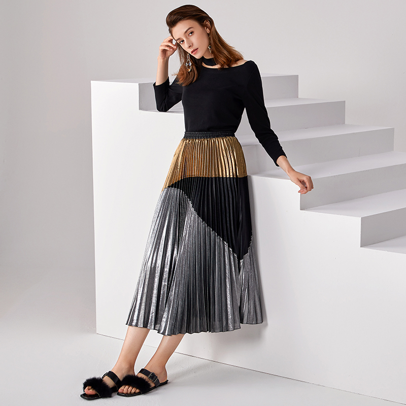 C018 Women Metallic printed color-block full circle sunburst pleated evening midi skirt