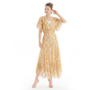 S065-4 Women 2-tone eyelet lace asymmetric long flare handkerchief skirt