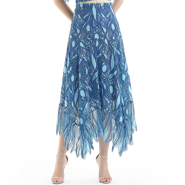 S065-4 Women 2-tone eyelet lace asymmetric long flare handkerchief skirt