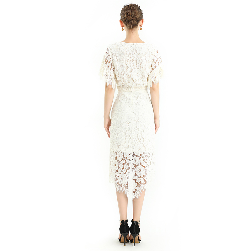 S075 Women Floral lace asymmetric scallop hem midi party skirt