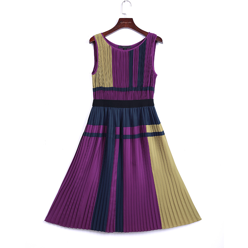 T869 Women Color-block patchwork design pleated midi party dress