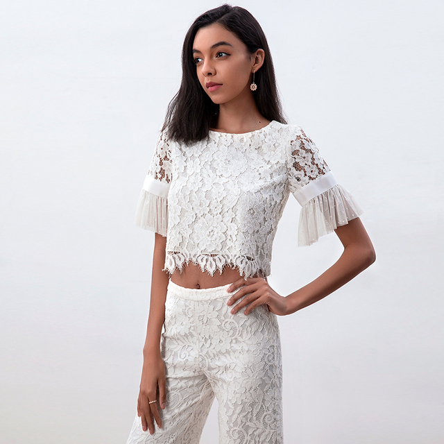 T122 Women floral lace boat neck Swiss-dot tulle ruffled short sleeves blouse