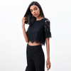 T122 Women floral lace boat neck Swiss-dot tulle ruffled short sleeves blouse