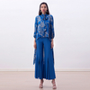 T058 Women Floral print lantern sleeves asymmetric hem neck tie shirt