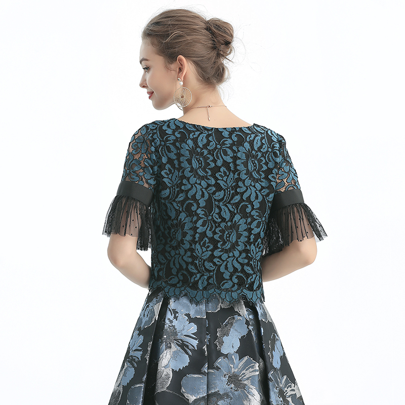 T122-1 Women 2-tone floral lace boat neck ruffled short sleeves blouse