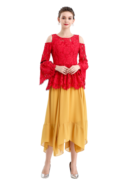 S068-7 Women Solid chiffon asymmetric panelled long flare handkerchief skirt
