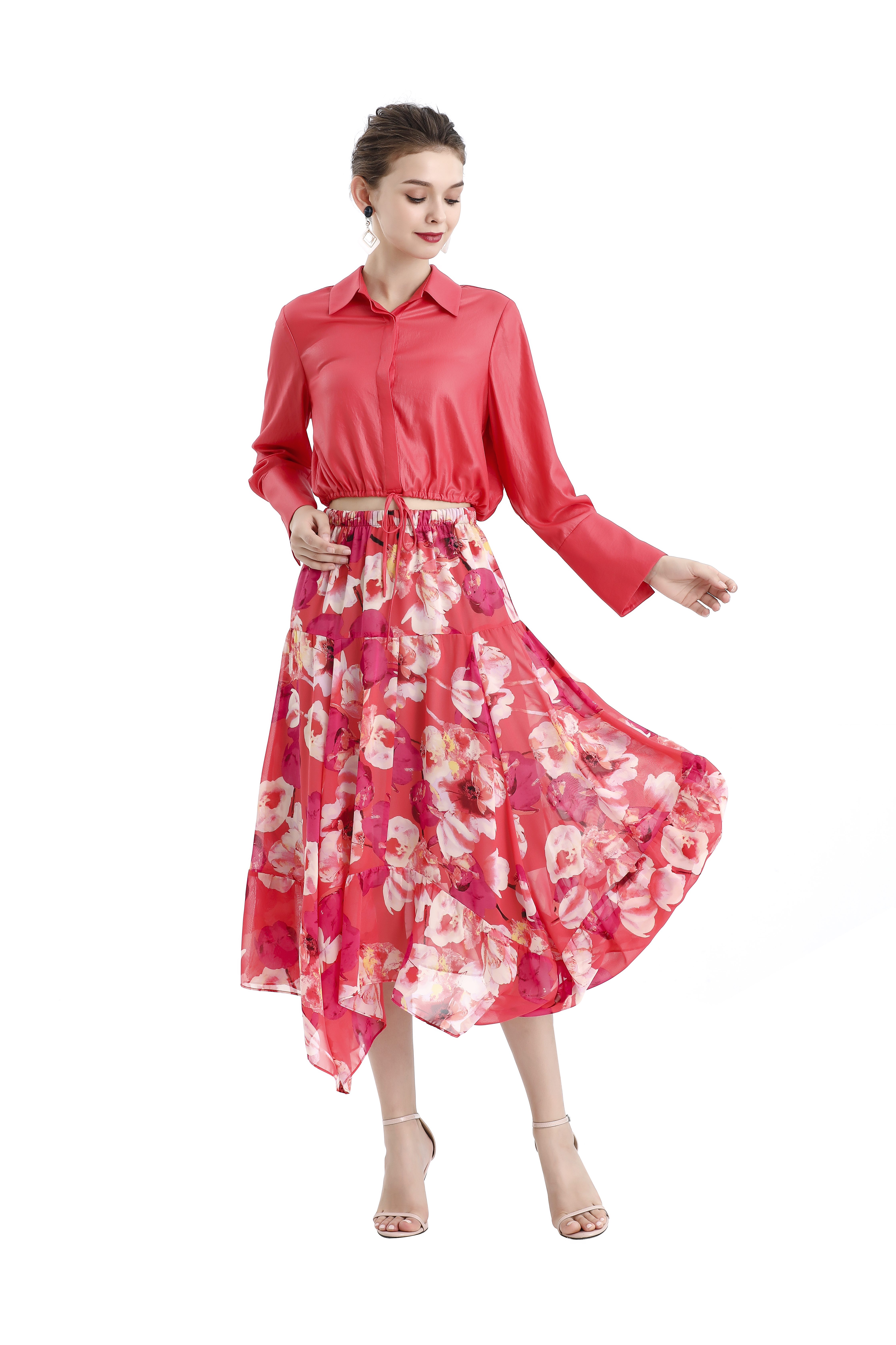 S068-8 Women Floral print chiffon asymmetric panelled long flare handkerchief skirt