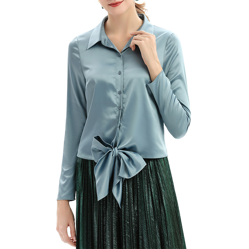 T043 Women Stretch satin shirt collar waist tie long sleeves blouse