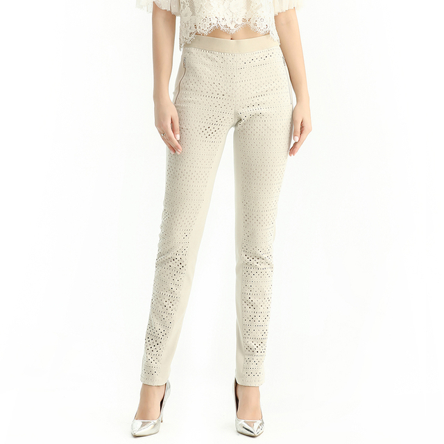 P128 Women Perforated Faux suede combo Ponte knit elasticated waist slim fit pants