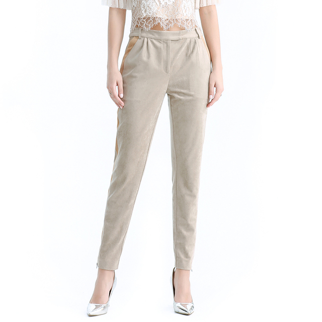 P129 Women Faux suede side stripe zip cuff smart casual tailored pants