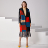 C153 Women Wool plaid combo satin notched lapel faux leather long sleeves tailored-cut single-breasted winter over coat