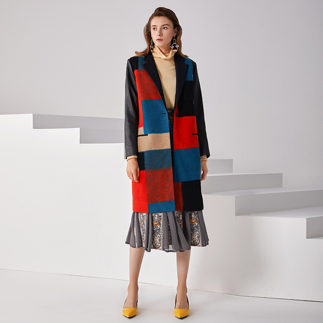 C153 Women Wool plaid combo satin notched lapel faux leather long sleeves tailored-cut single-breasted winter over coat