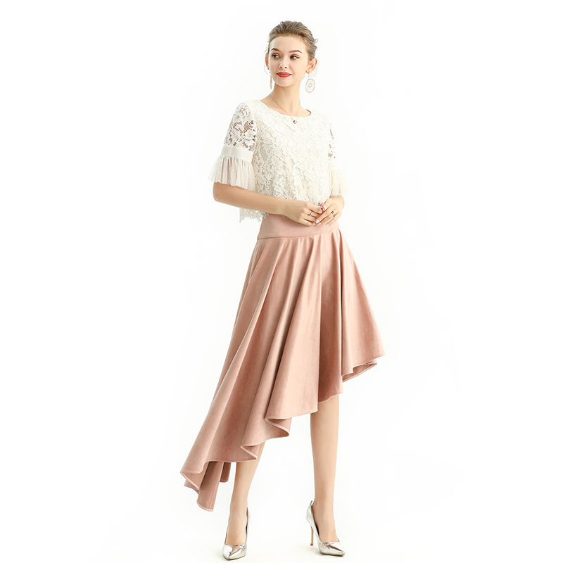 S145-1 Women Faux suede wide waistband full circle high low asymmetric flare skirt