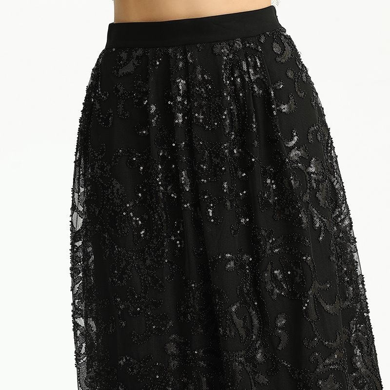 S127 Women Sequin embellishment and beading flare long evening skirt