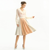S136 Women Faux suede color-block inverted pleat A-line midi skirt