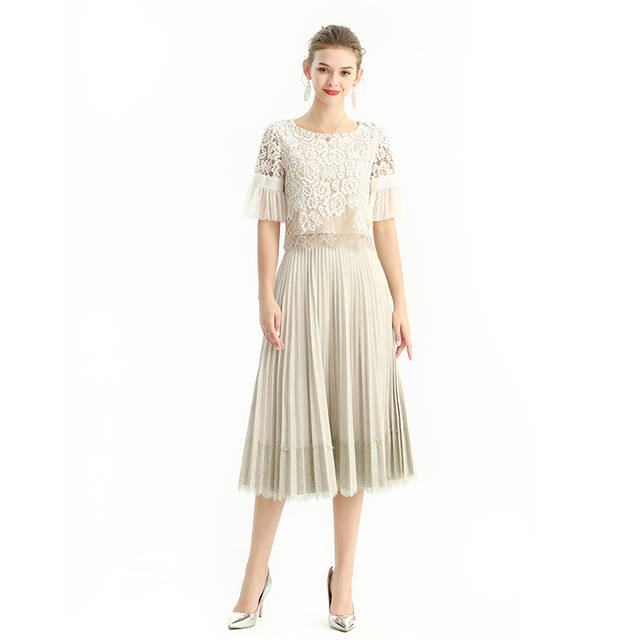 S126 Women Faux suede lace trimmed full circle sunburst pleated midi skirt