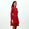 D271 Women Cut out embroidery long puff sleeves ruffle-tiered evening mini dress