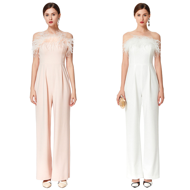 D041 Women Solid crepe feather-trimmed off-shoulder party jumpsuit 