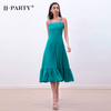 D261-2 Women Solid strappy tiered ruffle flared midi party dress
