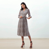 D265 Women Leopard print chiffon long puff sleeves wrap design pleated midi dress