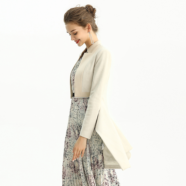 C134 Women Faux suede and satin combo zipper-waisted mid length coat