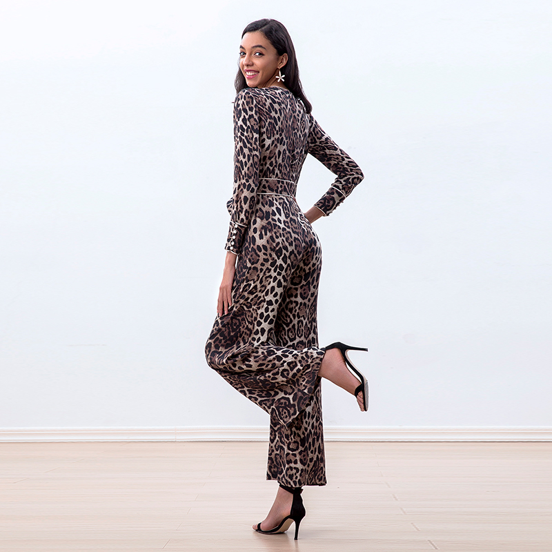 R171 Women Leopard print long sleeves flare leg jumpsuit 