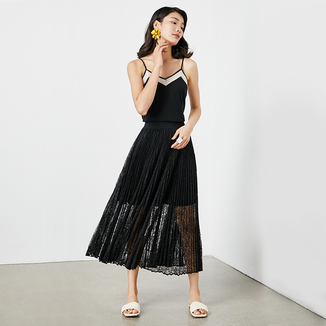 C163 Women Floral lace elasticated waist full circle sunburst pleated midi skirt