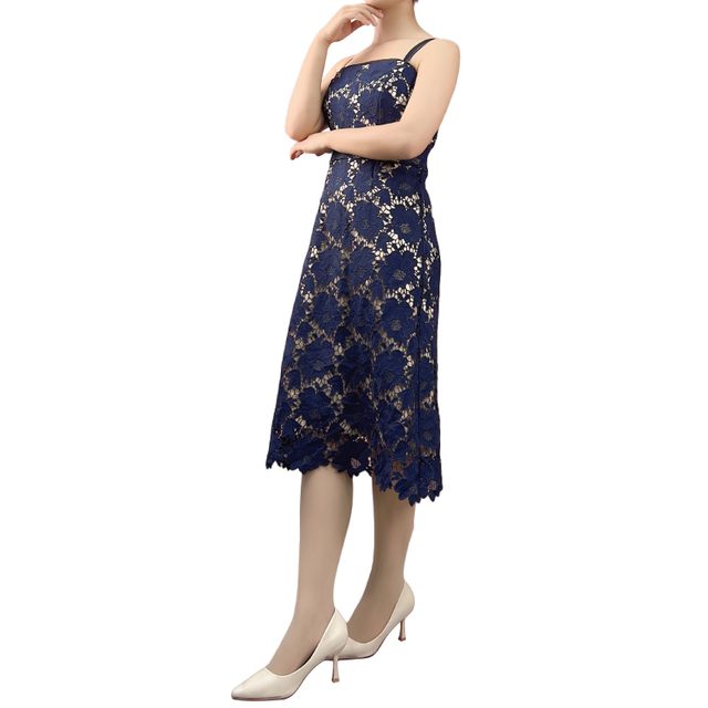 D405 Women flower embroidered lace bare shoulder midi party dress