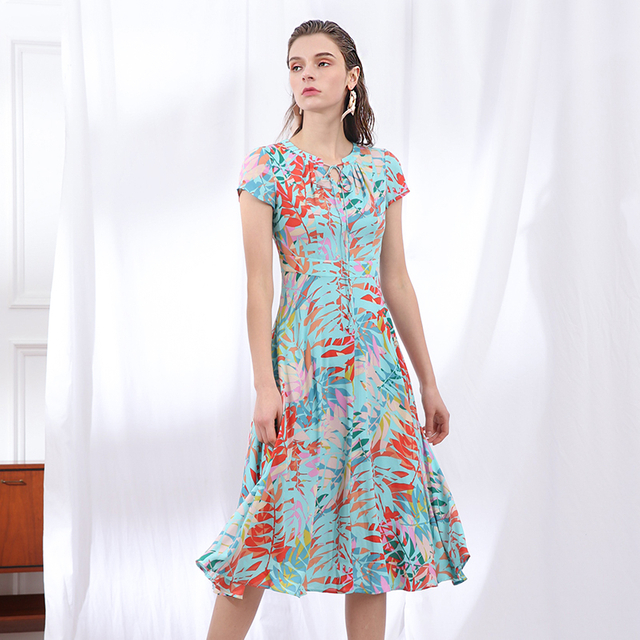 H628-1 Women Polyester print round neck cap sleeves flared midi dress