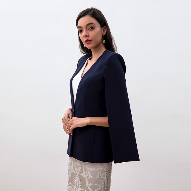 J188 Women Polyester crepe V-neck sleeveless tailored cape jacket