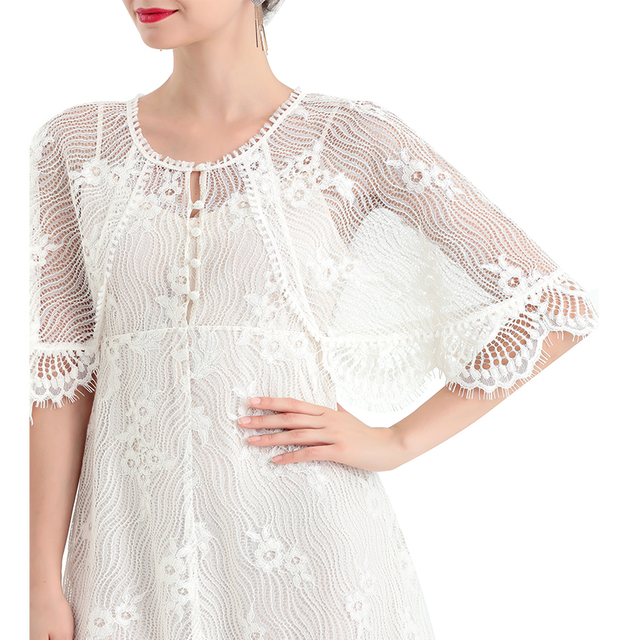 D078-2 Women floral lace cape sleeve flared asymmetric hem midi evening dress