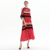 D074-1 Women Color block cut out shoulder lace trims pleated midi evening dress