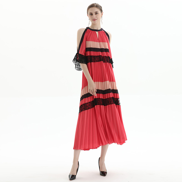 D074-1 Women Color block cut out shoulder lace trims pleated midi evening dress