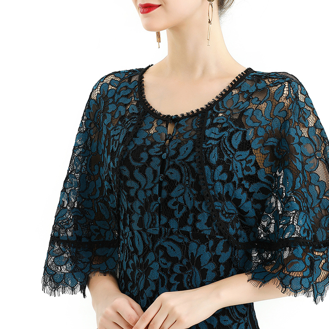 D078-3 Women floral lace cape sleeve flared asymmetric hem midi evening dress