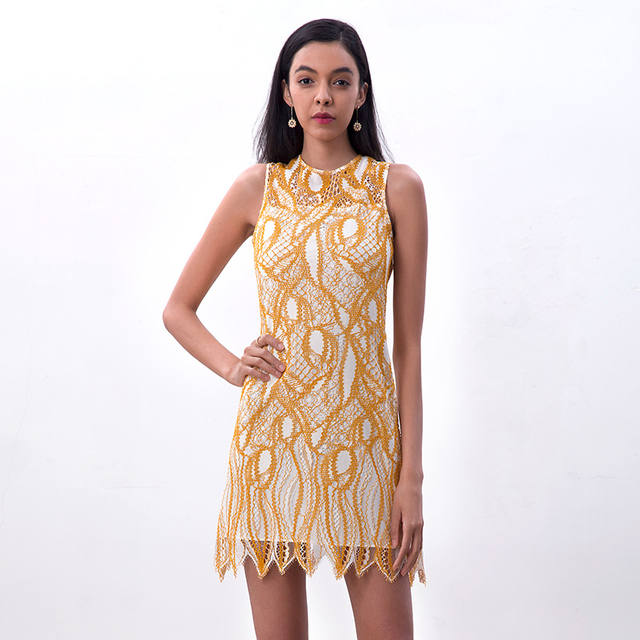 D097-1 Women fashion eyelash lace sleeveless fitted day and party mini dress