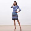 D090 Women Geometric print boat neck three quarter sleeves midi day dress 