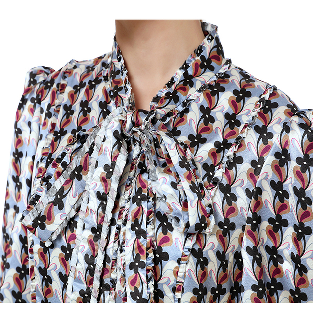 D140 Women flower print bow tie long puff sleeves tiered midi day dress