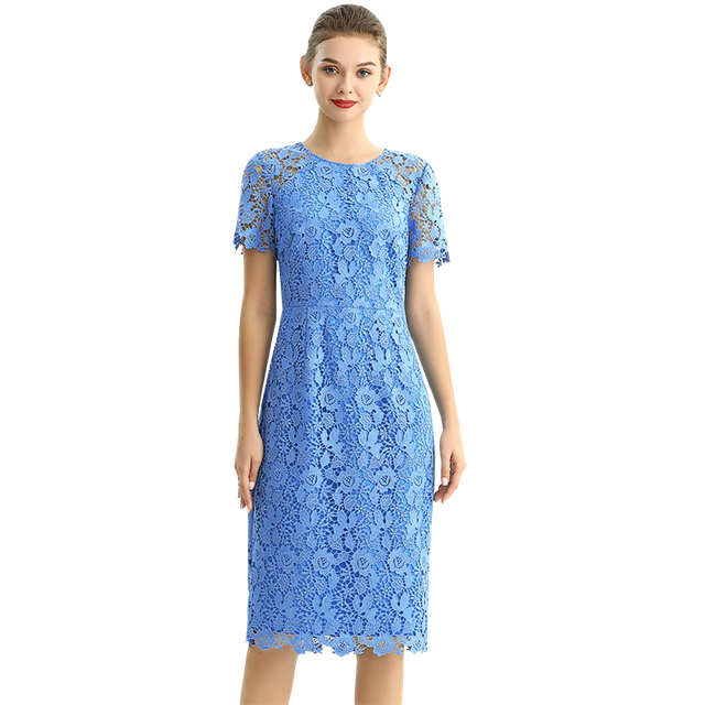 D190 Women Floral Macramé lace short sleeves straight-cut day and party midi dress
