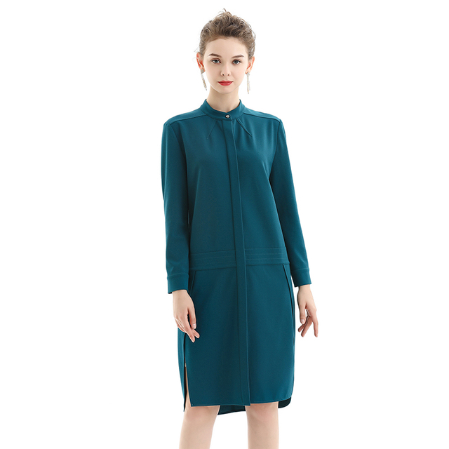 C053 Women Solid long sleeves band collar seam-detail midi shirt dress