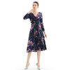 D082 Women Floral print knit three-quarter sleeve mock wrap midi day dress